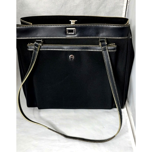 Etienne Aigner Shoulder Bag Purse Black Fabric White Stitch Trim #40132 Clean - Picture 2 of 15